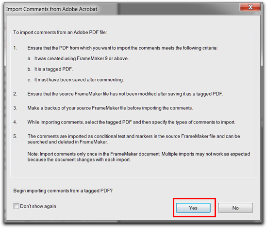 Adobe FrameMaker 10: File | Import | PDF Comments