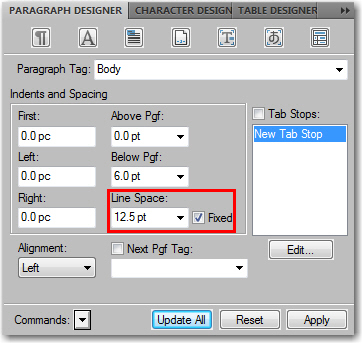 Adobe FrameMaker: Turn on Fixed Spacing