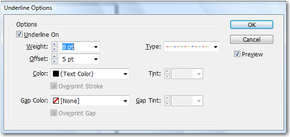 Adobe InDesign: Underline options