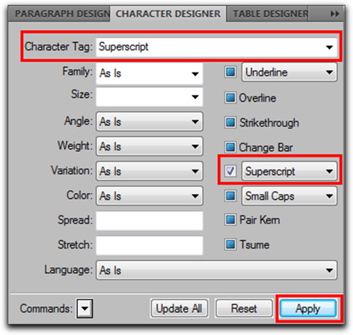 Adobe FrameMaker: Create a Character tag called Superscript