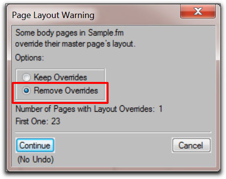 Adobe FrameMaker: Remove Page Overrides