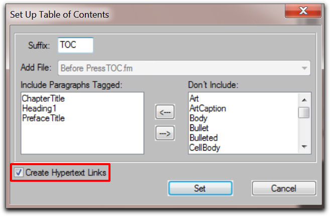 Adobe FrameMaker: Add Hyperlinks to TOC