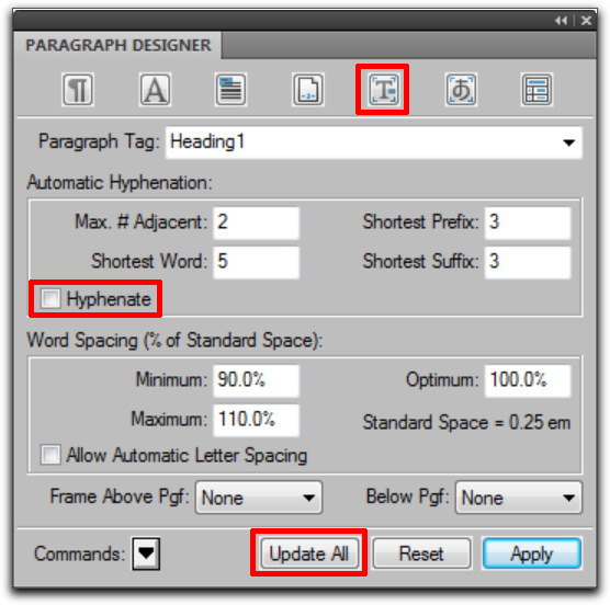 Adobe FrameMaker 9: Control Hyphenation in Advanced Properties
