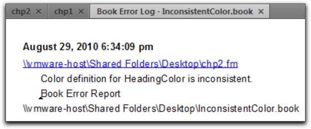 Adobe FrameMaker 9: Inconsistent Color Definitions in the Book Error Log