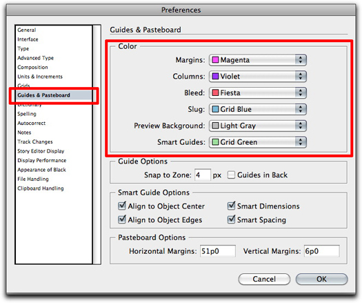 Adobe InDesign: Preferences > Guides & Pasteboards
