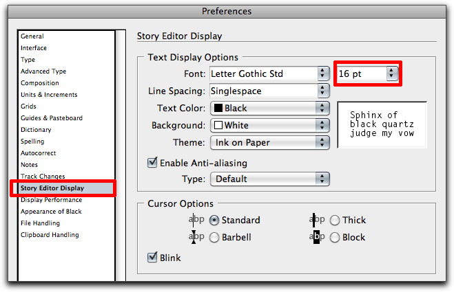 Adobe InDesign: Story Editor Preferences