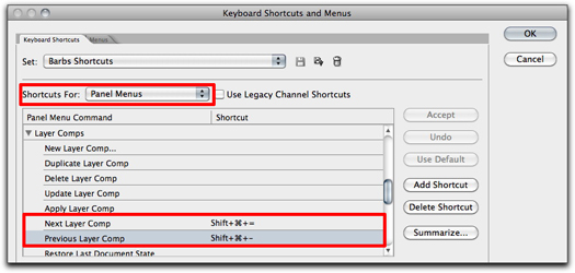 Adobe Photoshop: Create a keyboard shortcut to cycle through the layer comps