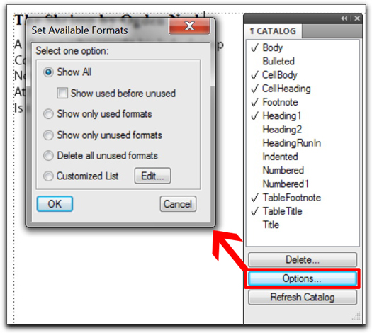 Adobe FrameMaker 10: Catalog sorting and view options.