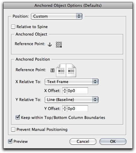 Adobe InDesign: The Custom Anchored Object dialog box.