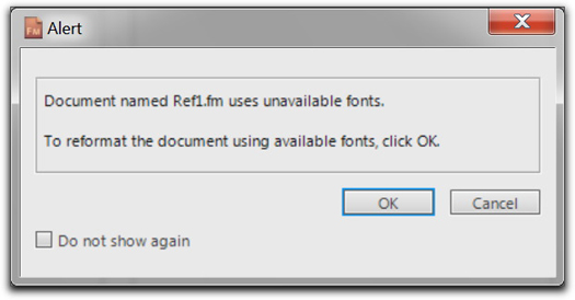 Adobe FrameMaker 10: The unavailable fonts alert box.