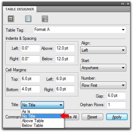 Adobe FrameMaker: Turn of the automatic titles above the tables.