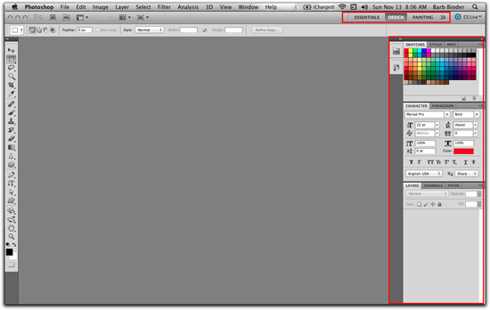 Adobe Photoshop CS5: Window | Workspace | Design