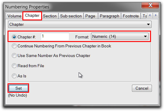 Adobe FrameMaker: Numbering Properties | Chapter tab