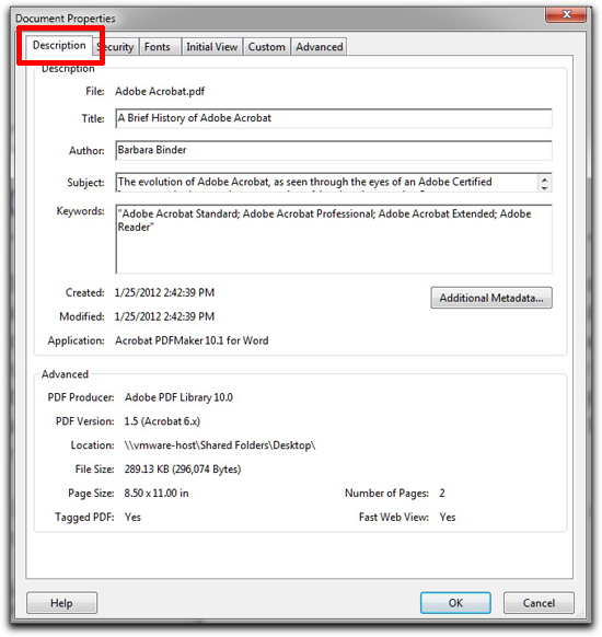 Adobe Acrobat X: Use File | Properties | Description to see the Description fields imported from Microsoft Word