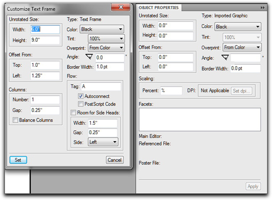 Adobe FrameMaker 10: Object Properties dialog box on left, Object Properties panel on the right. They are not interchangeable.