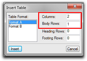 Adobe FrameMaker: Add a table with 2 columns and 1 row