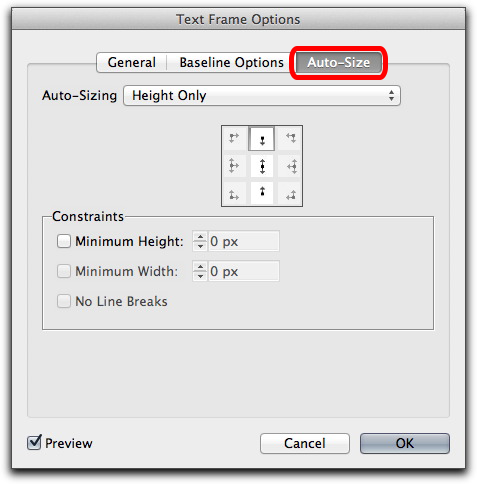 Adobe InDesign CS6: Persistent text frame fitting options