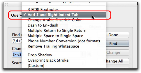 Adobe InDesign: After saving a query, it will be listed in the Query menu