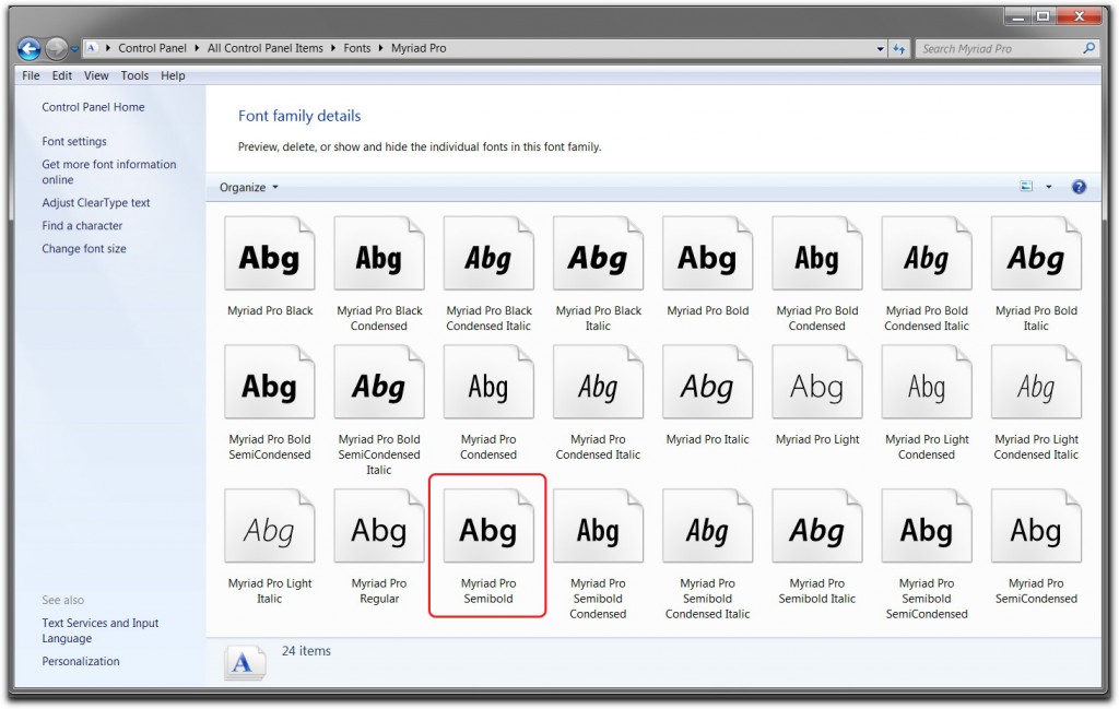 Windows 7: Myriad Pro Semibold shows up as installed