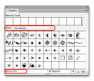 Adobe InDesign: Ornamental fonts in the Glyphs panel