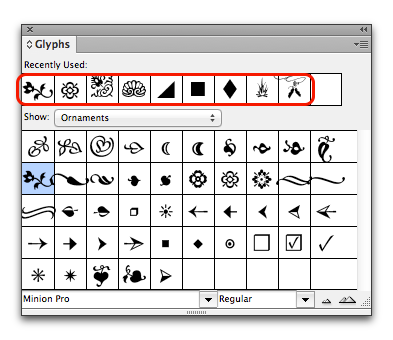 Adobe InDesign: Recent choices in the Glyphs panel