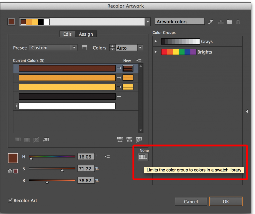 Adobe Illustrator CC 2014: Edit > Edit Colors > Recolor Artwork