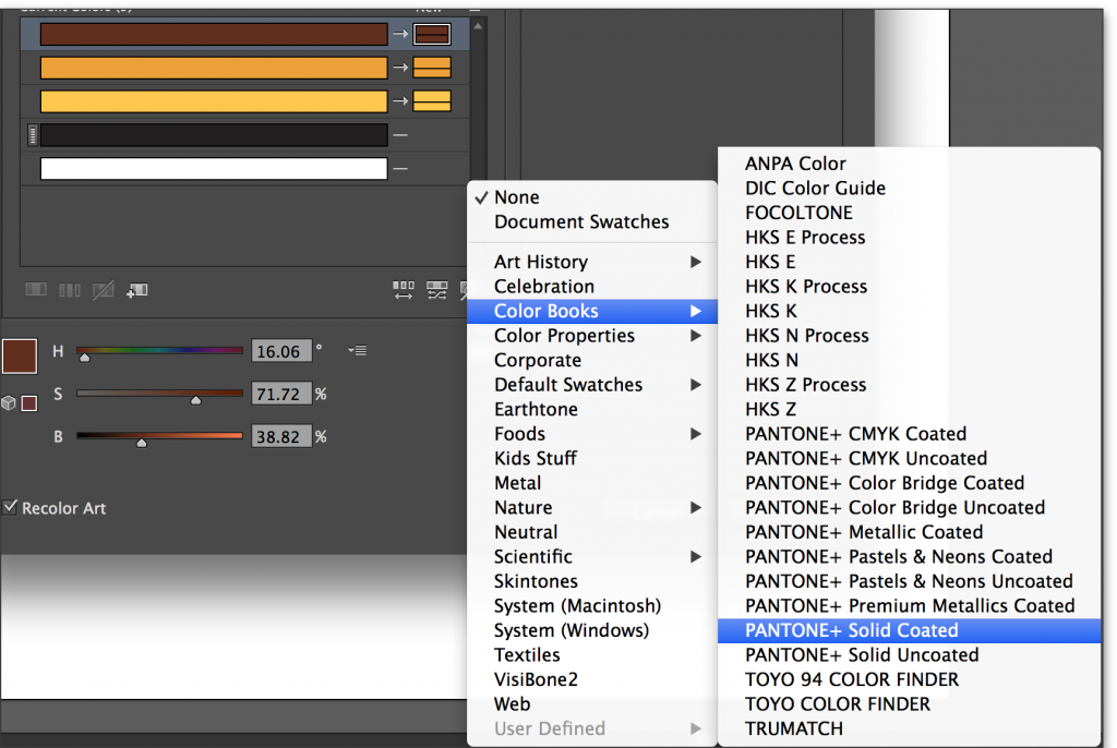 Adobe Illustrator CC 2014: Choose your Pantone color book.